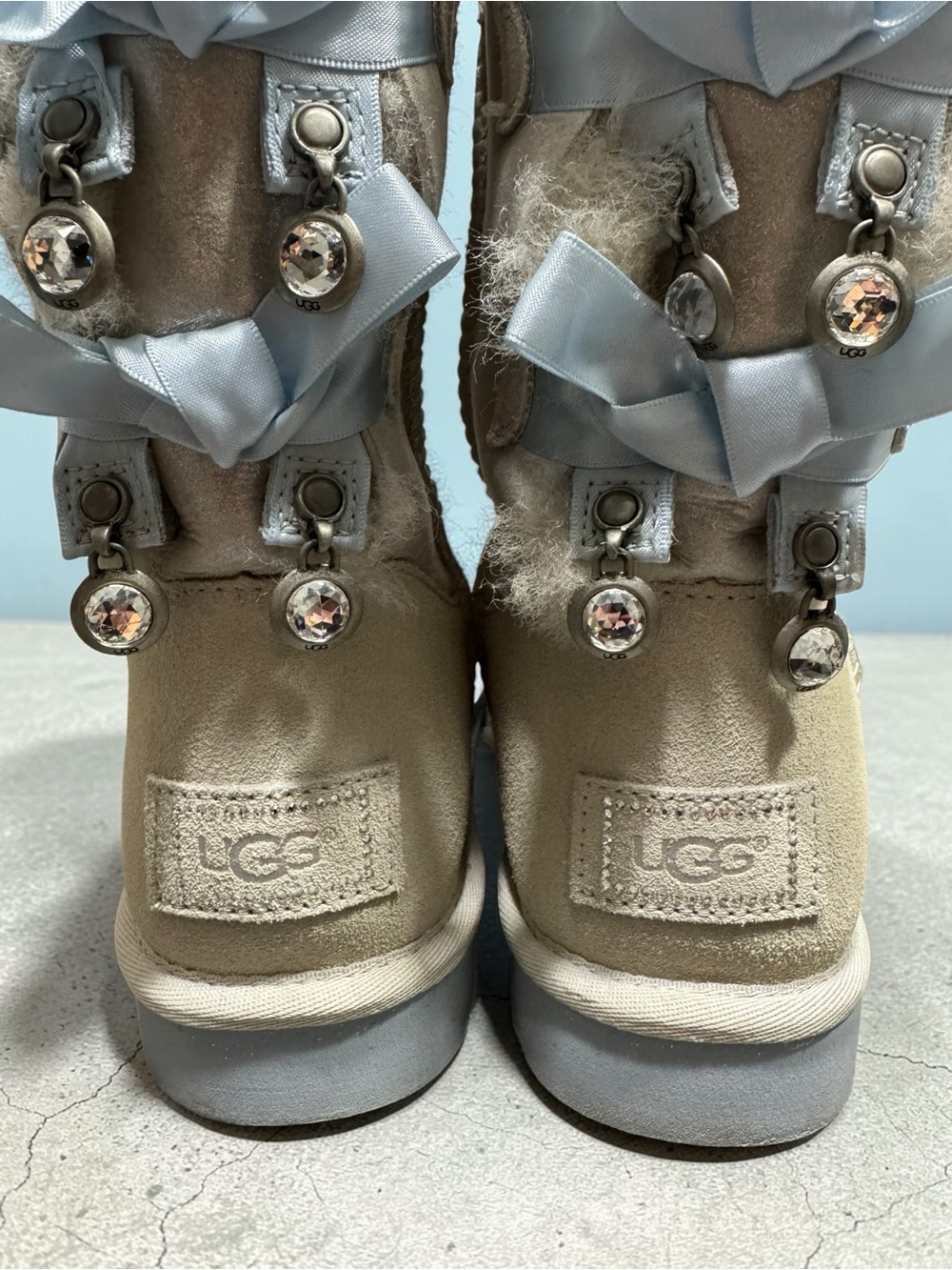 UGG Bailey Bow Bling SWAROVSKI Crystal Charm Boots Shimmer Sheepskin Blue Size 9 - Picture 9 of 16